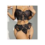 Liyuza HERŞEYTREND Büstiyerli Dantel Fantezi Siyah Jartiyer Takımı Siyah XL