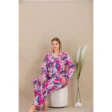 Liyuza HERŞEYTREND Büyük Beden Renkli Yaprak Desenli Düğmeli Uzun Kol Viskon Pijama Takımı Görsel 2XL