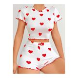 Liyuza Kadın Beyaz Kırmızı Kalp Desenli Şortlu Gecelik Takım 5023 BEYAZ S/M