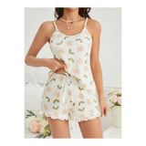 Liyuza Kadın Ekru Çiçek Baskılı Şortlu Gecelik Pijama Takımı 5047 Ekru L/XL