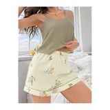 Liyuza Kadın Ekru Çiçek Baskılı Şortlu Gecelik Pijama Takımı 5099 Ekru S/M