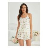 Liyuza Kadın Ekru Çiçek Baskılı Şortlu Gecelik Pijama Takımı Rahat Şık 2’li Set EKRU L/XL
