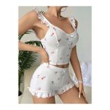Liyuza Kadın Gül ve Kiraz Desenli Şortlu Gecelik Takım 5112 BEYAZ L/XL