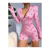 Liyuza Kadın Kalp Desenli Pijama Tulumu Pembe L/XL