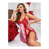 Liyuza Kadın Kırmızı Kalp Desenli Saten Gecelik 2220 Under Secret Kırmızı L/XL