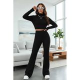 Liyuza Kadın Siyah Boğazlı Crop Top Yüksek Bel Eşofman Takımı Spor Şık 2’li Set Siyah L/XL
