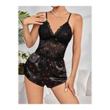 Liyuza Kadın Siyah Kırmızı Kalp Desenli Saten Şort Pijama Takımı 2232 SİYAH L/XL