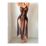 Liyuza Leopar Desenli Yırtmaçlı Fantezi Uzun Gecelik Leopar L/XL