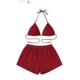 Liyuza Miss,Kadın Şortlu Belden Ve Boyundan Bağlamalı Bikini Takımı (bordo, L-XL)