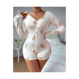 Liyuza Mulvxbrf Brf02 Pamuklu Beyaz Ayıcık Desenli Düğmeli Uzun Kol Tulum Pijama (Mulvix) Renkli S/M
