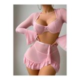 Liyuza Özel Tasarım Pembe Bolerolu Transparan Fantezi Sütyen Etekli Takım Pembe S/M