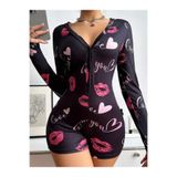 Liyuza Pamuklu Kırmızı Öpücük ve Kalp Desenli Düğmeli Uzun Kol Tulum Pijama Siyah S/M