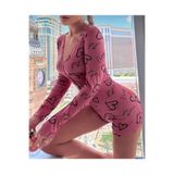Liyuza Pamuklu Pembe Siyah Kalp Desenli Düğmeli Uzun Kol Tulum Pijama Pembe S/M