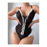 Liyuza Siyah Dantel İşlemeli Sırt Dekolteli Fantezi Body Siyah S/M