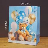 Lizbon Center Ayıcık Desenli Mavi Büyük Boy Karton Hediye Çantası