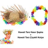 Lizbon Center Hawaii Tarzı Tropikal Çiçekli Hasır Şapka ve Çiçekli Hawaii Kolye