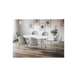 Lizbon Serisi 80x160 Lak Panel Beyaz Mermer Desen Krom Ayak Masa Takımı 6 Açık Gri Sandalye STLLZB01