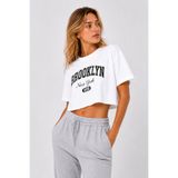 Lizbon Style Kadın Beyaz Crop Tişört Brooklyn Baskılı Oversize Rahat Kesim Basic Kısa Tshirt