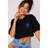 Lizbon Style Kadın Crop Tişört %100 Pamuk Rahat Kalıp Amore Baskılı T-Shirt - Siyah