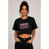 Lizbon Style Kadın Crop Tişört Good Girl Baskılı Oversize Rahat Kesim Kısa Tshirt - Siyah