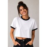 Lizbon Style Kadın Crop Tişört Oversize Rahat Kesim Basic Kısa Tshirt - Beyaz