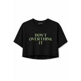 Lizbon Style Kadın Crop Tişört Overthink Baskılı Oversize Rahat Kesim Kısa Tshirt - Siyah