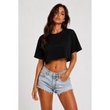Lizbon Style Kadın Crop Tişört Salaş Basic Kısa Kollu Raw Cut Tshirt - Siyah