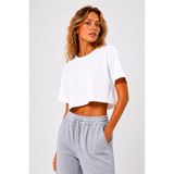 Lizbon Style Kadın Crop Tişört Salaş Basic Kısa Kollu Tshirt - Beyaz