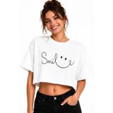 Lizbon Style Kadın Crop Tişört Smile Baskılı Oversize Rahat Kesim Kısa Tshirt - Beyaz