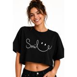 Lizbon Style Kadın Crop Tişört Smile Baskılı Oversize Rahat Kesim Kısa Tshirt - Siyah
