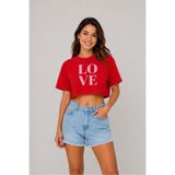 Lizbon Style Kadın LOVE Baskılı Crop T-Shirt Salaş Kesim Tişört - Kırmızı