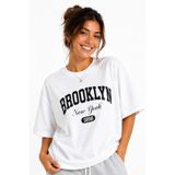 Lizbon Style Kadın Oversize %100 Pamuk Brooklyn Baskılı Rahat Kalıp T-Shirt - Beyaz