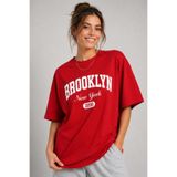 Lizbon Style Kadın Oversize %100 Pamuk Brooklyn Baskılı Rahat Kalıp T-Shirt - Kırmızı