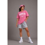 Lizbon Style Kadın Oversize %100 Pamuk Brooklyn Baskılı Rahat Kalıp T-Shirt - Pembe