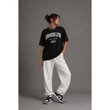Lizbon Style Kadın Oversize %100 Pamuk Brooklyn Baskılı Rahat Kalıp T-Shirt - Siyah