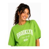 Lizbon Style Kadın Oversize %100 Pamuk Brooklyn Baskılı Rahat Kalıp T-Shirt - Yeşil