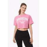 Lizbon Style Kadın Pembe Crop Tişört Brooklyn Baskılı Oversize Rahat Kesim Basic Kısa Tshirt