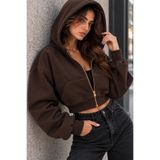 Lizbon Style Kadın Rahat Kalıp 3 Iplik Kapüşonlu Ceket Gold Fermuarlı Crop Sweatshirt - Kahverengi