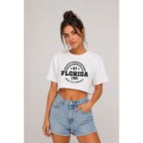 Lizbon Style Kadın Salaş Kesim T-Shirt Florida Baskılı Crop Tişört - Beyaz
