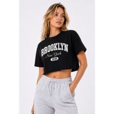 Lizbon Style Kadın Siyah Crop Tişört Brooklyn Baskılı Oversize Rahat Kesim Basic Kısa Tshirt