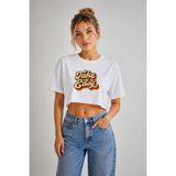 Lizbon Style Kadın Take It Easy Baskılı Raw Cut Crop Tişört %100 Pamuk Rahat Kalıp T-shirt - Beyaz