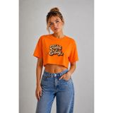 Lizbon Style Kadın Take It Easy Baskılı Raw Cut Crop Tişört %100 Pamuk Rahat Kalıp T-shirt - Turuncu