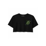 Lizbon Style Kadın Turtle Kaplumbağa Baskılı Crop Tişört Raw Cut %100 Pamuk - Siyah