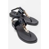 Lizy Shoes Kadın Lacivert Hakiki Deri Metal Aksesuarlı Parmak Arası Sandalet