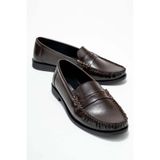 Lizy Shoes Kahverengi Büzgü Detaylı Kadın Loafer Günlük Rahat Ofis Okul Kolej Ayakkabı