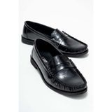 Lizy Shoes Siyah Büzgü Detaylı Kadın Loafer Günlük Rahat Ofis Okul Kolej Ayakkabı