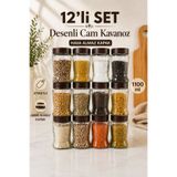 Lizzy 12 Li Etiket Hediyeli 1100 ml Kapaklı Kare Cam Kavanoz Erzak Saklama Düzenleme Kabı
