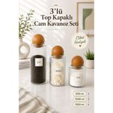 Lizzy 3'lü Ahşap TOP Kapaklı Çay Şeker Kahve Tuz Kavanozu Cam 3 BOY