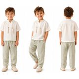 Lluvia Kidss Erkek Çocuk Bluz Çizgili Pantolon Keten Takım - 5 - 6 Yaş - Yeşil - Krem