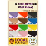 LOCAL MARKET Renkli Keçe Kumaşlar, 12 adet 100cm X 100cm temel renkler 1,2 mm el işi keçesi